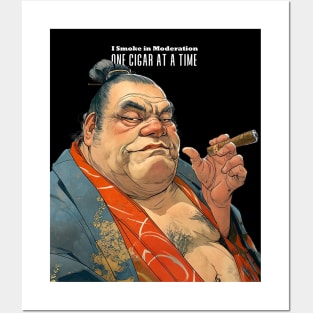 Puff Sumo Smoking a Cigar: "I Smoke Cigars in Moderation; One Cigar at a Time"  on a dark (Knocked Out) background Posters and Art